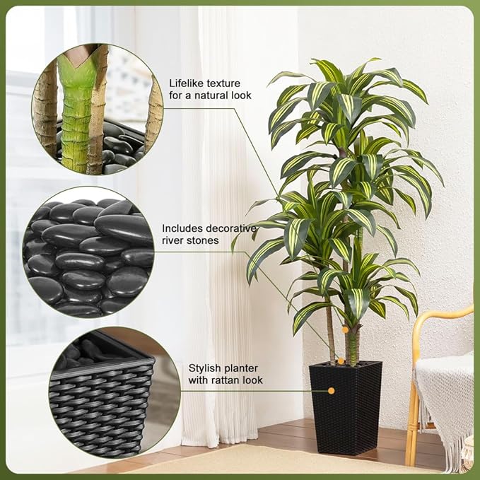 Artificial Dracaena Tree 6FT - UV Resistant Faux Tree with Large Taper Planter & Pebbles - Tall Fake Plants Indoor & Outdoor, Potted Floor Plant for Home Living Room Porch Decor, VN127