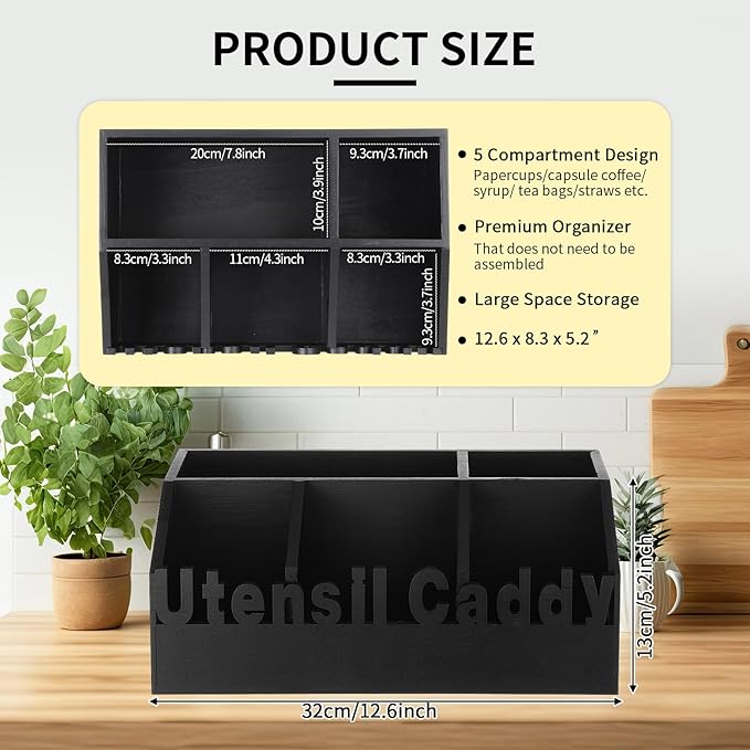 12.6 in Wooden Paper Plate Dispenser Black Utensil Caddy Silverware Napkin and Utensil Holder Rustic Large Silverware Holder for Kitchen Counter