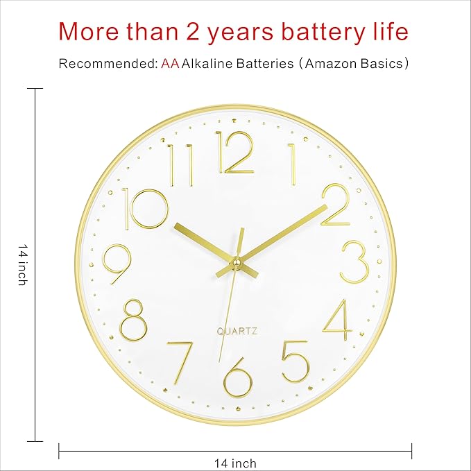 Foxtop 14 Inch Large Silent Non-Ticking Gold Wall Clock Battery Operated Round Quartz Modern Wall Clock Decorative for Living Room Bedroom Kitchen Home Office