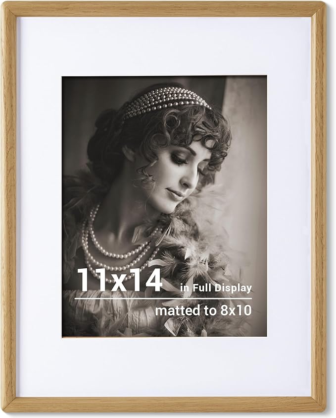11x14 Picture Frame - Solid Oak Wood Picture Frames with HD Tempered Glass, Handcrafted Rounded Corner 11 x 14 Wooden Frame Matted to 8x10 Photos, Horizontal or Vertical Wall Display, 1 Pack