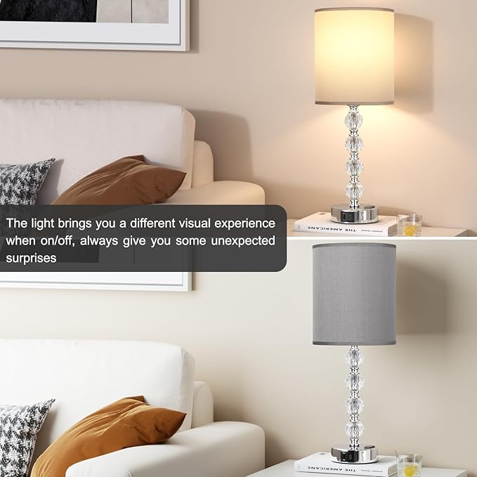 Touch Bedside Crystal Lamps for Bedrooms Nightstand with USB C+A Charging Port and AC Outlet White, 3 Way Dimmable Silver Large End Side Table Lamp for Living/Dinning Room/Kitchen/Bedroom