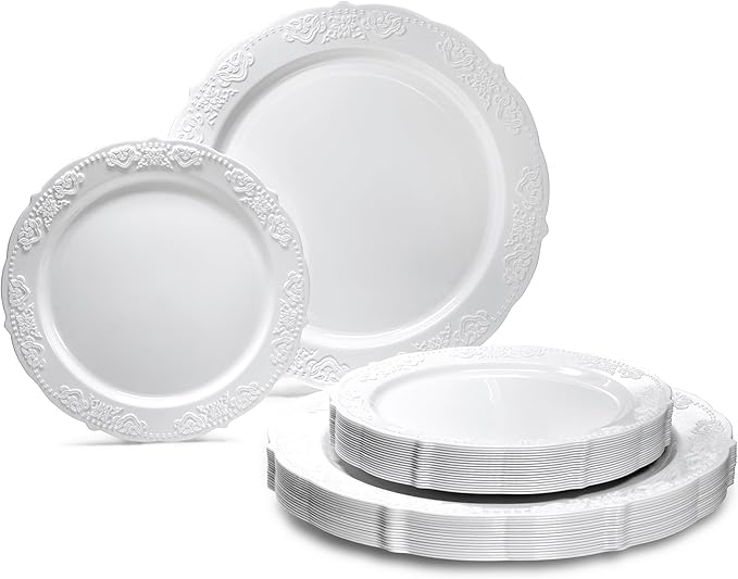 " OCCASIONS " 240 Plates Pack,(120 Guests) Vintage Wedding Party Disposable Plastic Plates Set-120x10.25'' Dinner +120x7.5'' Salad/Dessert Plate (Portofino Plain White)
