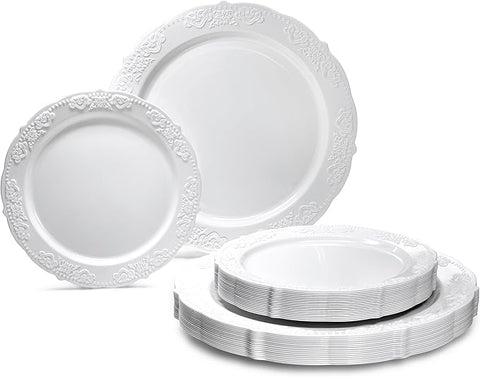 " OCCASIONS " 50 Plates Pack (25 Guests) Vintage Wedding Party Disposable Plastic Plate Set -25x10.25'' Dinner +25x7.5'' Salad/Dessert plates (Portofino Plain White)
