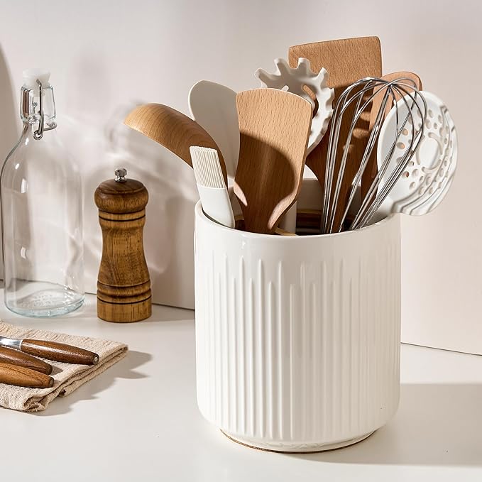 JIEMEI HOME Utensil Holder, 7.2" Large Ceramic Stable Utensil Crock for Kitchen Counter, Utensil Holder with Cork Mat, Removable Bamboo Divider for Easy, Kitchen Decor, White