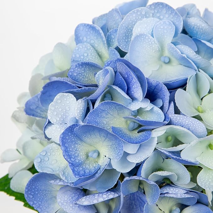 Hollyone Blue Hydrangea Artificial Flowers in Vase Latex Real Touch Small Faux Hydrangea Flowers Arrangements Hydrangeas Fake Flower with Glass Vase with Faux Water for Table Centerpiece Home Decor