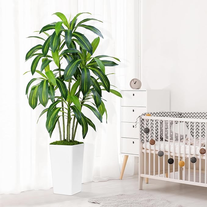 Dracaena Plant Artificial Tree 5Ft Tall Fake Tropical Floor Plants Potted Artificial Silk Tree Leaf Faux Trees White Tall Planter for Home Office Living Room Indoor Outdoor Decor