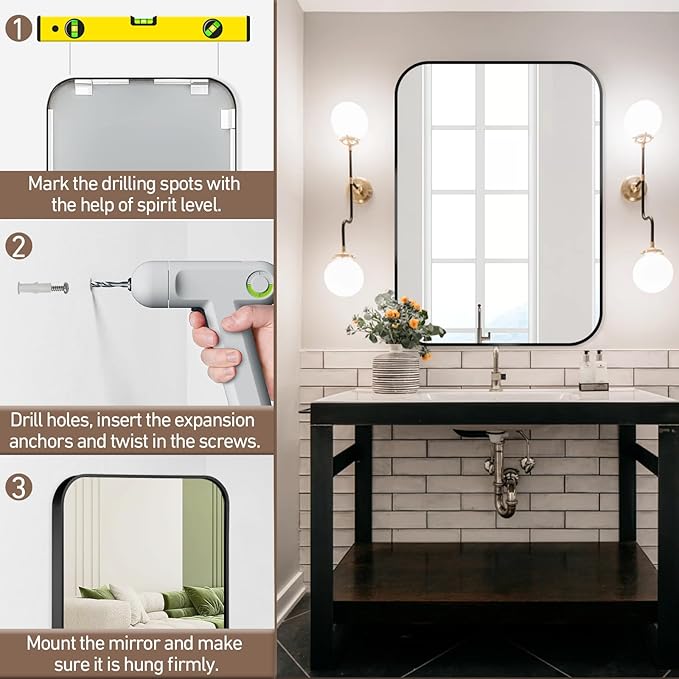 FARMER 16x20 Inch Black Bathroom Mirror, Brushed Rectangle Vanity Mirrors for Wall, Metal Frame Wall Mirror, Vanity Mirror with Round Corner for Bedrooms, Entryways, Living Rooms, Horizontal/Vertical