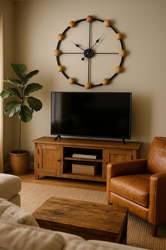 Large Modern Wall Clock – Black Metal Frame with Wooden Spheres – Minimalist Industrial Design – Silent Non-Ticking – Unique Wall Art for Living Room or Office (20 Inch / 50 cm)