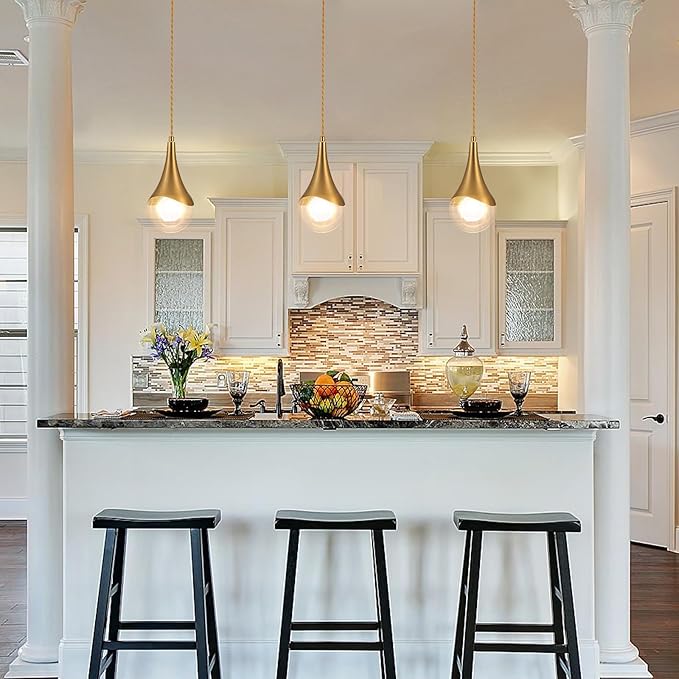 MWZ Gold Pendant Lights Kitchen Island 3 Pack, Modern Brass Raindrop Pendant Light Fixture Over Table with Clear Glass Globe Shade,Mini Teardrop Chandelier,Adjustable Cord Hanging Lighting for Sink