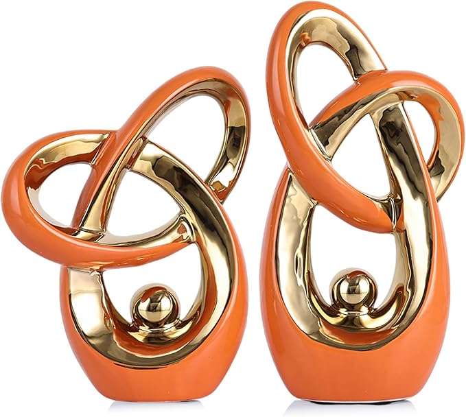 Orange Modern Abstract Art Home Decor Accent,Statues Coffee Table Decor for Living Room,Table Centerpieces for Dining Room,Ceramic Sculptures and Gold Knick Knacks for TV Stand Decor (Orange Gold)