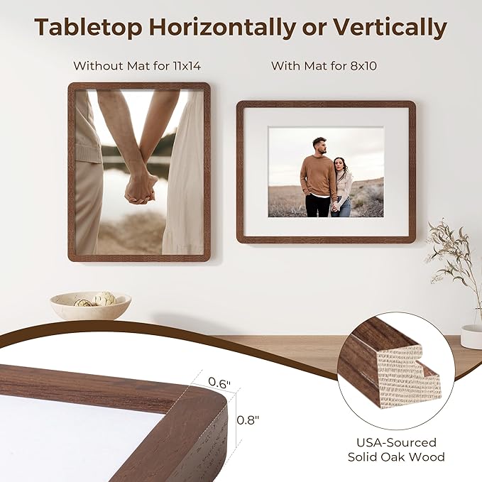 11x14 Picture Frame, Solid Oak Wood Frame 11 x 14 for Wall, Rustic Wooden Frames 11 by 14 with Tempered Glass, 11x14 Frame with Mat for 8x10, Home Decor Photo Frames 11"x14", Walnut Color, 1 Pack