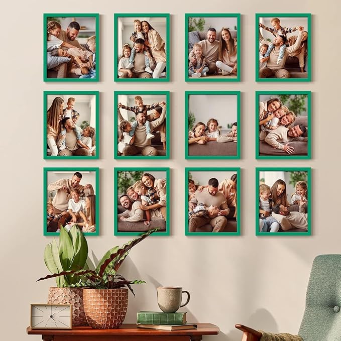 Renditions Gallery Set of 12, 8X10 Custom Photo Prints with Real Wood Picture Frames. Create Personalized Photos with Peel & Stick Photo Frames. Green Frame