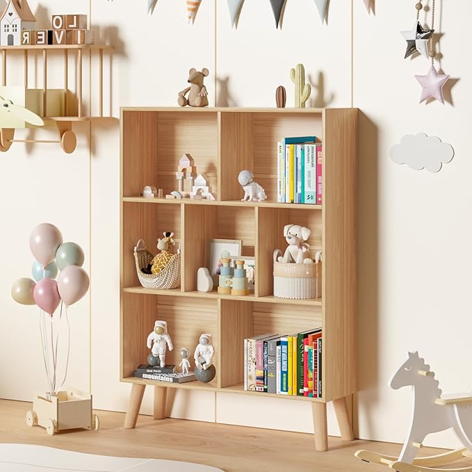 LEYAOYAO 7 Cube Bookshelf, 3 Tier Modern Bookcase with Legs, Mid-Century Modern Wood Book Shelves Storage, Boho Natural Book Case, Freestanding Organizer Display Shelf for Bedroom,Living Room,Office