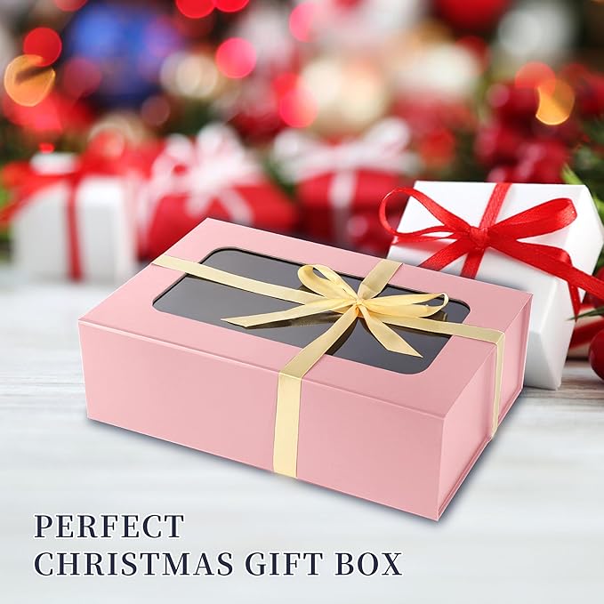 TIACABO Pink Large Gift Box with Window, 13.5"x9"x4.3" Bridesmaid Boxe for Gifts Giving,Birthday Gift Boxes with Magnetic,Closure Lid Gifts Box for Presents,Cute Boxe,Luxury for Gift Packaging