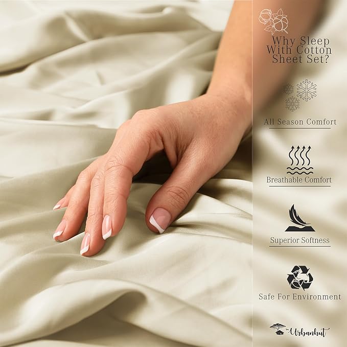 URBANHUT 700 Thread Count California King Sheet Set Egyptian Cotton Sheets, 4Pc Sheet Set Soft Luxury Bed Sheets for Cal King Size Bed, Sateen Weave Hotel Sheets, 16'' Elasticized Deep Pocket - Ivory