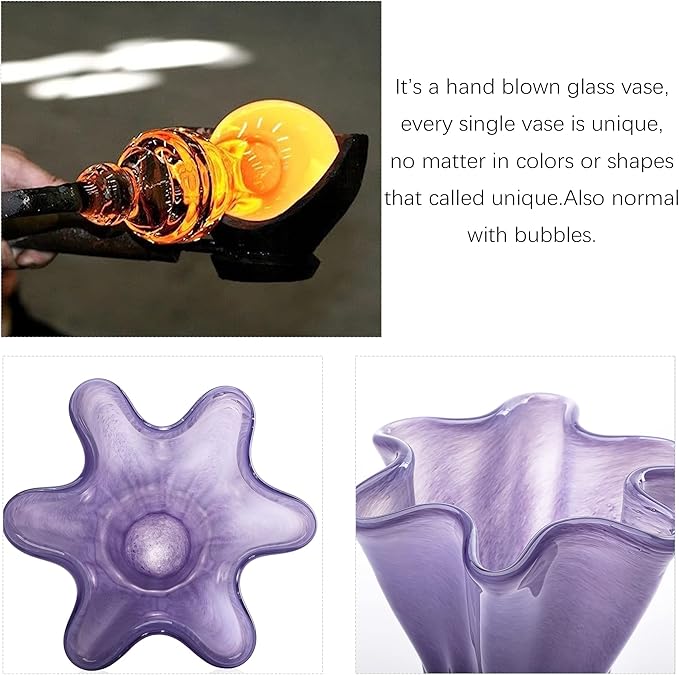 8'' Blown Glass Flower Vase for Home Wedding Modern Centerpieces Decorative (Purple)