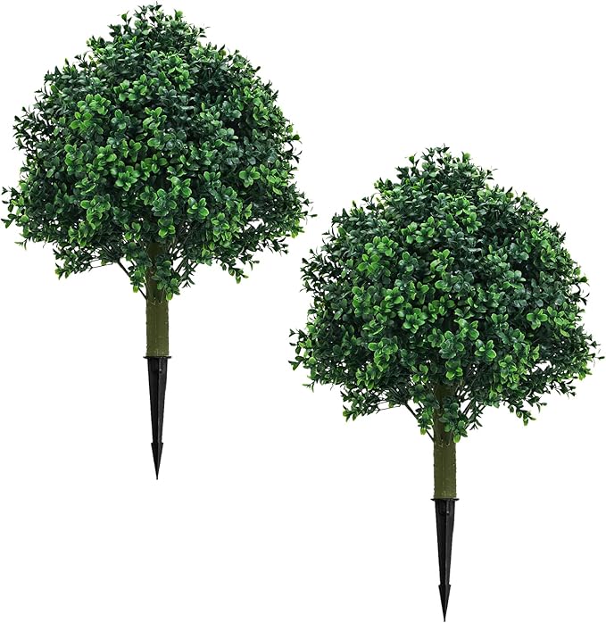 Set of 2 Fake bushes Artificial Shrubs for Outdoors Boxwood Balls Topiary Trees UV Resistant - 23.6'' Faux Plants with Ground Spikes for Spring Front Porch Decor, Fake Evergreen Tree for Garden