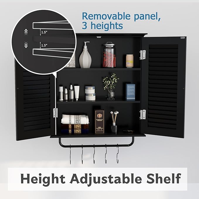 TaoHFE Bathroom Cabinet Wall Mounted Designer Bathroom Wall Cabinet Medicine Cabinet with Double Shutter Doors 3 Tier Adjustable Shelf with Towel Rack Over The Toilet Storage Cabinet Laundry (Black)