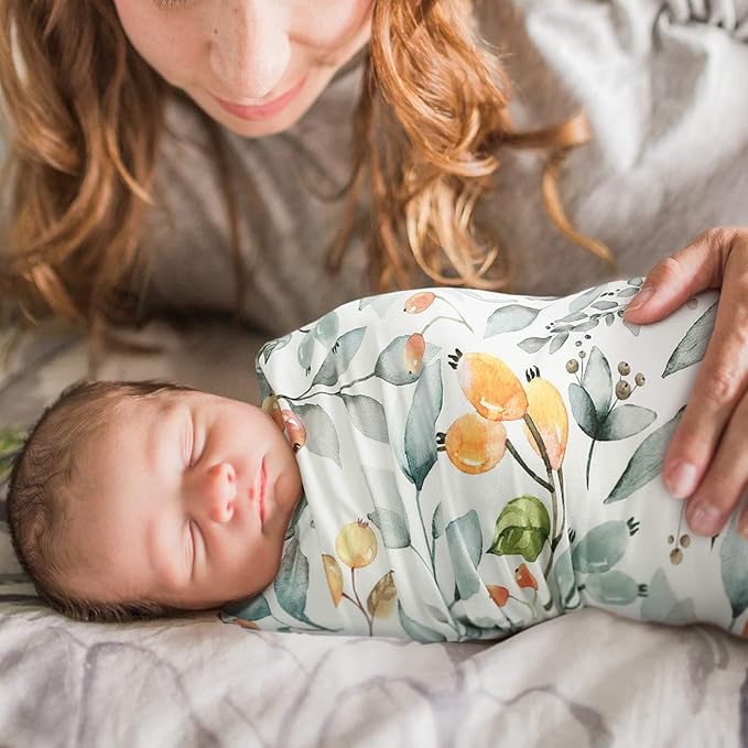 GRSSDER Baby Blankets Super Soft Stretchy Jersey Knit Swaddle Blanket 2 Pack for Baby Girls, Double Layer Reversible Receiving Blankets 34 x 44, Extra Large for Swaddling, Fruit & Daisy