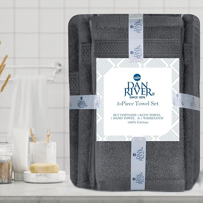 DAN RIVER 100% Ring Spun Cotton 3-Piece Towel Set, Charcoal, Bath Towel, Hand Towel and Washcloths, 550 GSM - Soft, Absorbent Quick Dry Cotton Towels for Bathroom, Spa, and Gym