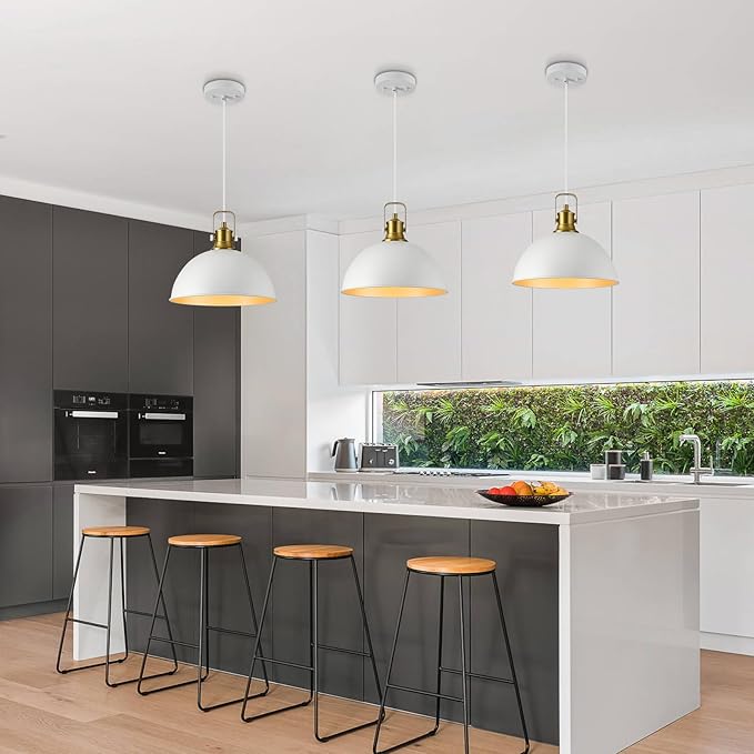 12 Inch White Farmhouse Pendant Lights for Kitchen Island Industrial Pendant Lighting Adjustable Height Vintage Dome Hanging Light Fixtures for Barn, Dining Room 2 Packs