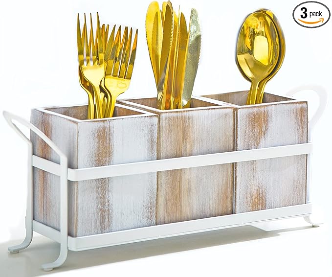 Silverware Caddy Utensil Organizer for Countertop, Flatware Caddy with Metal Rack, Wooden Utensil Cutlery Holder with 3 Compartment for Kitchen Decor and Party -White