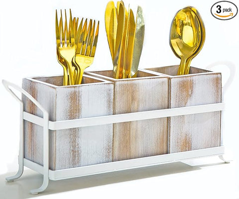 Silverware Caddy Utensil Organizer for Countertop, Flatware Caddy with Metal Rack, Wooden Utensil Cutlery Holder with 3 Compartment for Kitchen Decor and Party -White