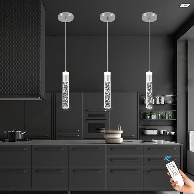 Modern LED Chrome Crystal Pendant Light Kitchen Island, Bedroom Bedside Hanging Ceiling Lamp with Crystal Bubble Column, Dimmable 3000k-6000k 1-Light Independent