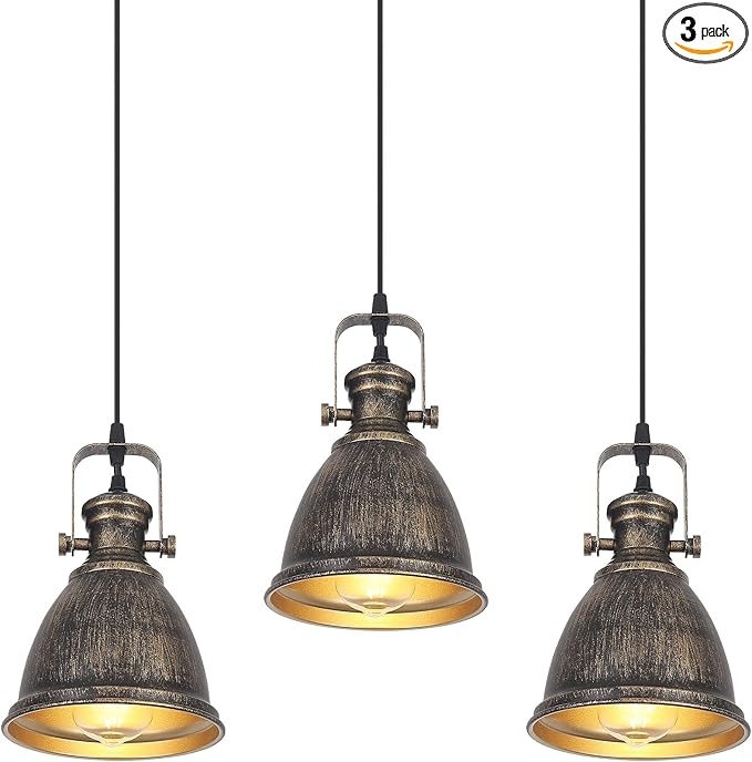 Bronze Pendant Lights Kitchen Island 3 Pack, Vintage Pendant Light, 6.5’’ Farmhouse Kitchen Light Fixtures, Adjustable Height, Pendant Lighting for Dining Room, Living Room, Sink, Bar