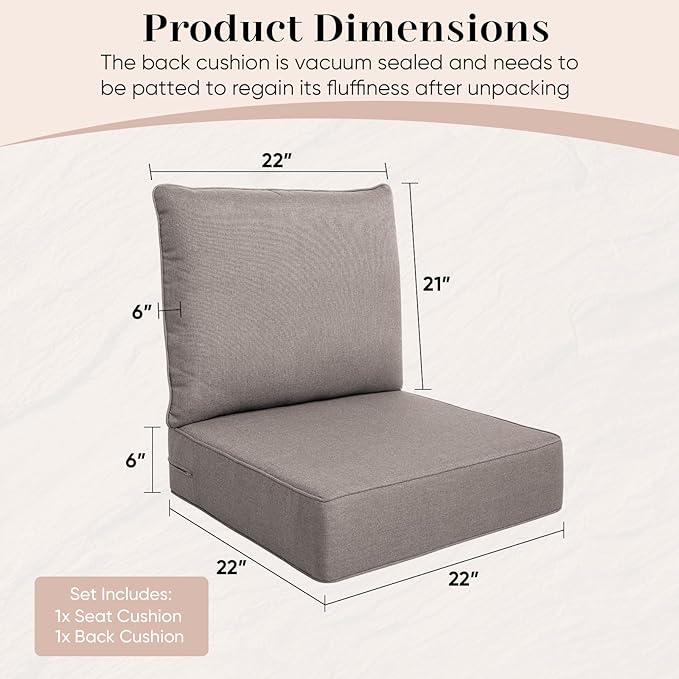 Luxury Outdoor Seat Cushion Set-22 x 22 x 6 Inch Outdoor Chair Cushions with Water Resistant & Removable Cover Outdoor Cushions for Patio Furniture Chair Sofa Couch-Beige
