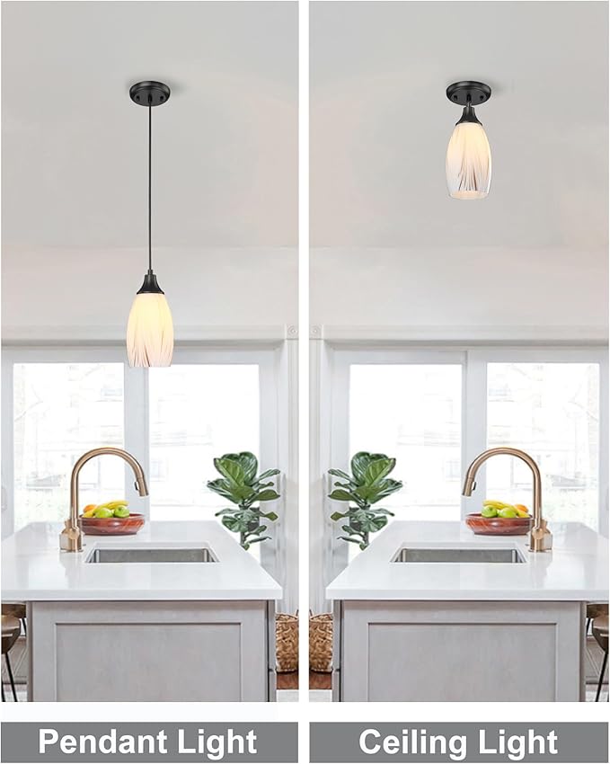 Mini Glass Pendant Light Kitchen Island Oval Ceiling Hanging lamp Shade with Black Matte finish1pack Milk Blown Glas Pendant Lighting Adjustable Cord for Hallway Dining Room Bathroom