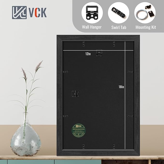 VCK 12x18 Picture Frame 5 Pack - with Mat 11x17, Solid Wood Poster Frame with HD Glass, Black Exclusive Wood Grain, Wall & Gallery Display