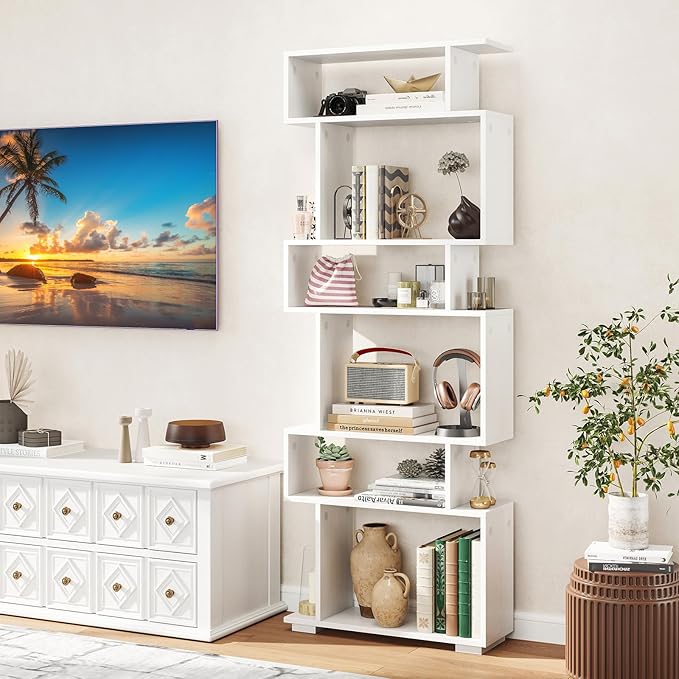 Tangkula 6-Tier S-Shaped Bookshelf, 64" Freestanding Geometric Bookcase, Home Office Wood Storage Shelf with Anti-Toppling Device, Room Divider Display Rack for Study, Living Room (1, White)
