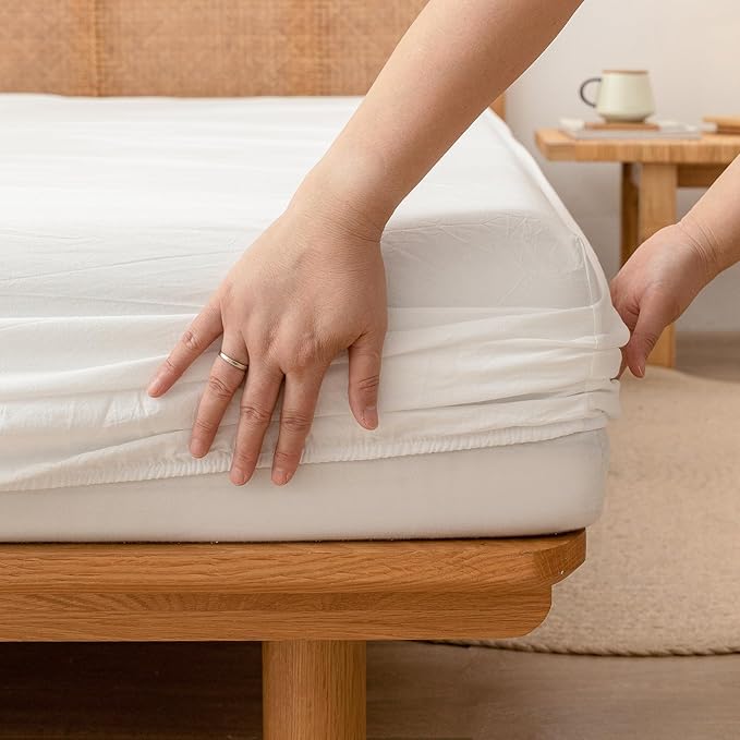 BESTOUCH Sheet Set 100% Washed Cotton Linen Feel Super Soft Comfortable Chic Lightweight 4 Pcs Home Bedding Set Solid Off White Full