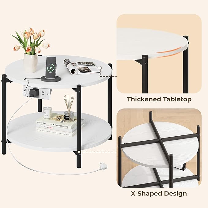 LIKIMIO Round End Table with Charging Station, 23.6" W Wooden Side Table with 2-Tier Storage, Modern Nightstand for Small Spaces, Living Room, Bedroom, White
