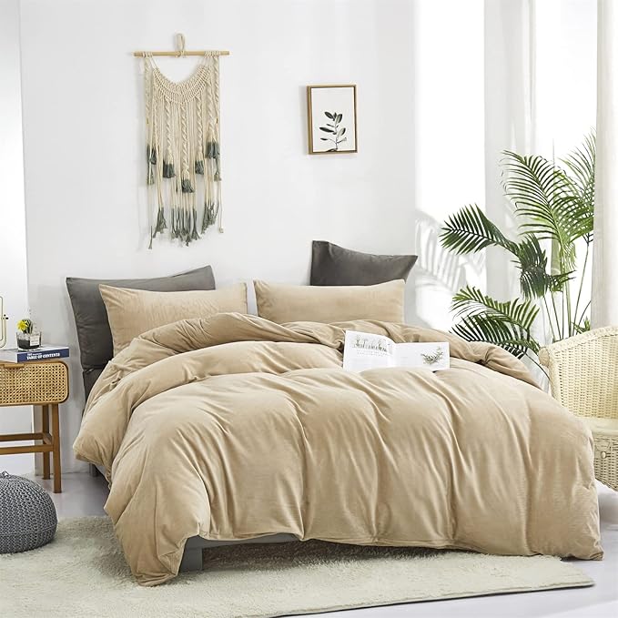 Luxlovery Khaki Velvet Comforter California King Cream Flannel Bedding Minimalist Bedding Set Dark Champagne Blanket Quilts Heavyweight Winter Taupe