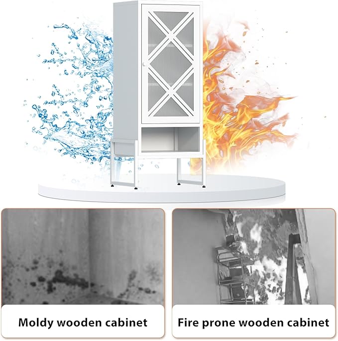 LEYNOT Small Bathroom Storage Cabinet 42.51“H Metal Bathroom Floor Cabinet with Adjustable Shelves for Pantry，Kitchen, Home Office, Living Room, Dinning Room (White+Transparent Door Panel)
