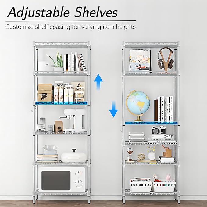 Homdox 6-Tier Storage Shelf Wire Shelving Unit Free Standing Rack Organization with Adjustable Leveling Feet, Stainless Side Hooks, Silver