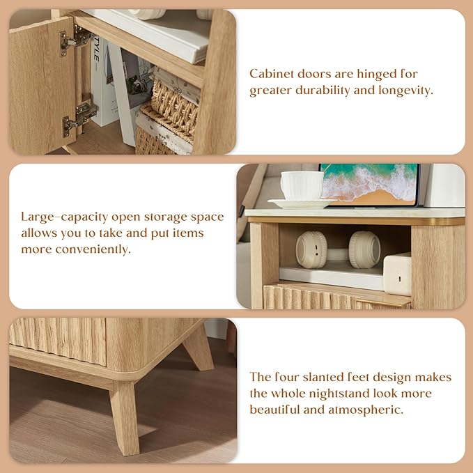 QUW Fluted Nightstand Set of 2 with Charging Station, Bedside Table with Open Storage and Cabinet, 18" Modern Side Table, End Table for Bedroom, Living Room, Natural Oak