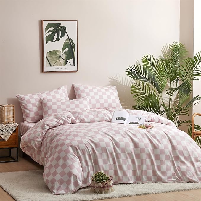 Pureant Pink White Plaid Comforter Sets California King Women Men Bean Pink and White Checkerboard Grid Bedding Comforters Cal King Modern Dusty Pink Checkered Geometric Quilts Luxury Abstract Bed