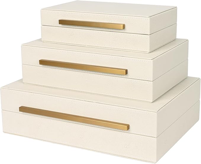 Beige Shagreen Decorative Box Set of 3 - Faux Leather Nesting Storage Boxes with Lids, Large Modern Jewelry Organizer, Stackable Home Decor Box for Bedroom, Bathroom & Office