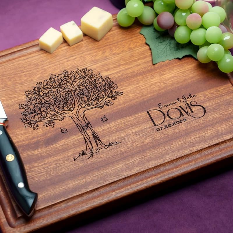 Straga Personalized Cutting Boards | Handmade Wood Engraved Charcuterie | Custom Wedding, Anniversary, Housewarming Gift for Family (Tree Design No.404)