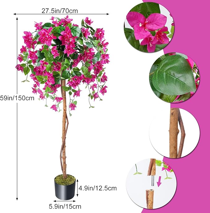 HUAESIN 5FT / 59inch Bougainvillea Artificial Tree Tall Potted Fake Bougainvillea Silk Spring Trees Big Fake Floor Plant for Indoor Outdoor Front Porch Office Wedding Home Decor