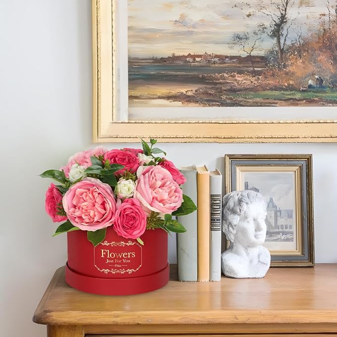 Hollyone Red Pink Artificial Peonies Roses in Vase Round Gift Boxes with Fake Flowers Arrangements Faux Flowers Floral in Box Vase for Her Mothers' Day Valentine's Day Christmas Birthday Gift