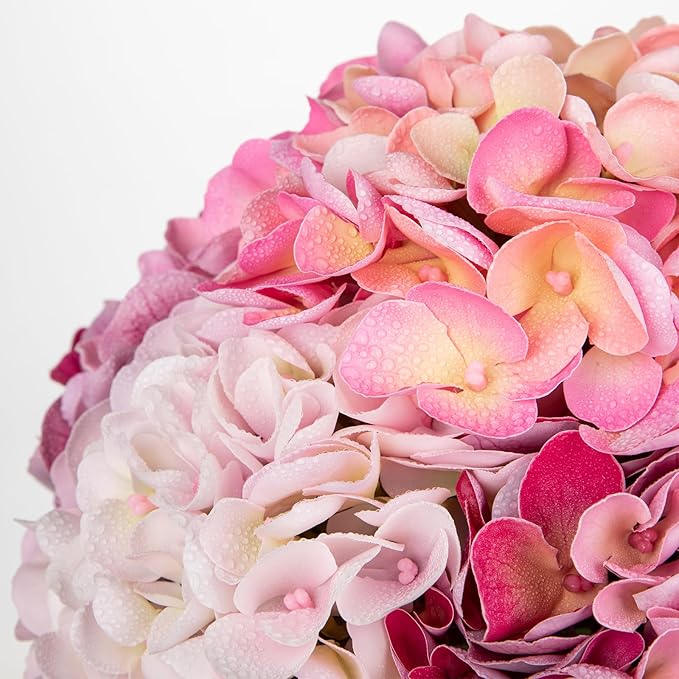 Hollyone Real Touch Pink Hydrangea Artificial Flowers in Vase Latex Large Faux Hydrangea Flowers Arrangements Hydrangeas Fake Flower with Glass Vase with Faux Water for Table Centerpiece Home Decor