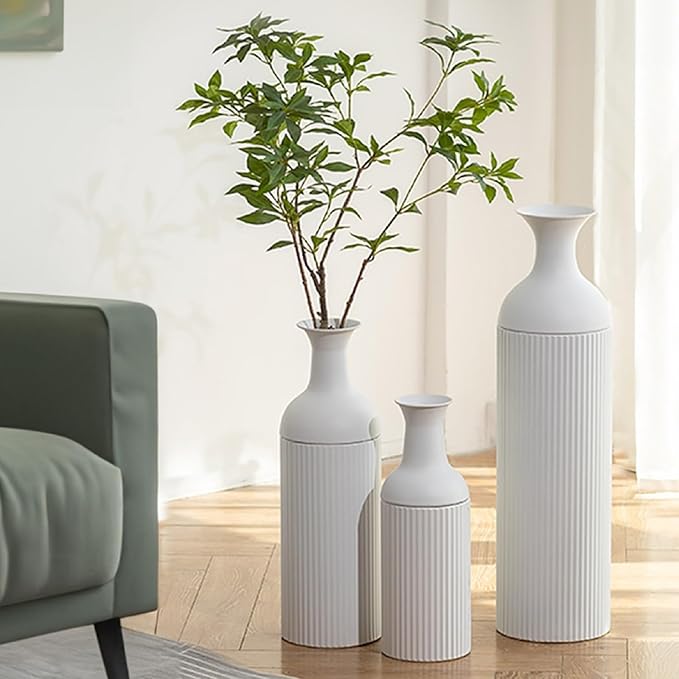 Sziqiqi White Tall Floor Vase: Large Ribbed Metal Vases 27/20/16in for Living Room, Modern for Pampas Grass, Oversized Standing Vase for Fireplace, Home Corner, Hallway, Office