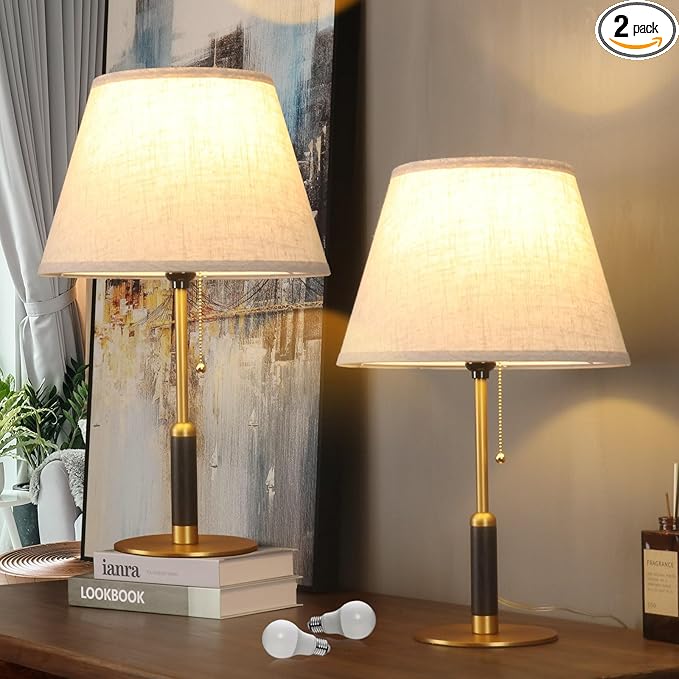 21" Bedside Lamps Set of 2 for Bedroom Living Room Modern Table Lamp Nightstand Lamp for End Tables 3-Color Temperatures Pull Chain Wood Fabric for Home/Office/Desk Decor (Light Brown+Brass)
