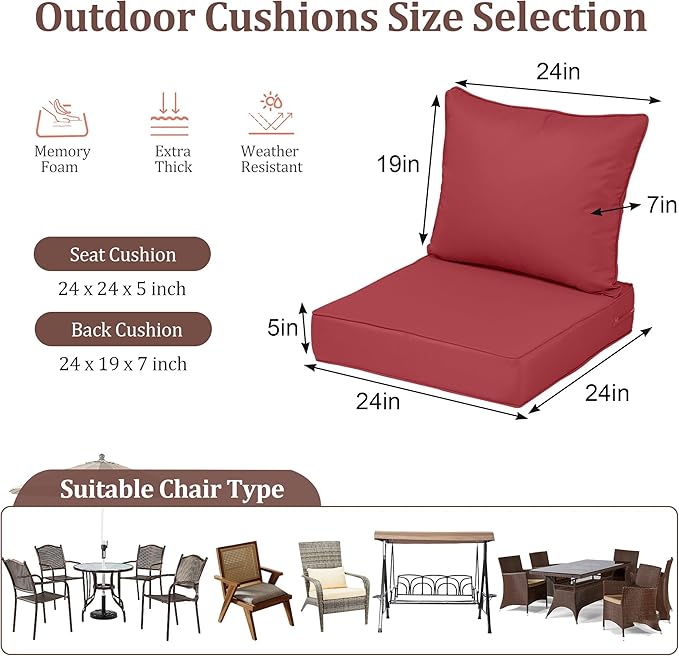Waterproof Outdoor Chair Cushion Set of 2, 24x24x5 IN Deep Seat Patio Cushions with Fade Resistant Removable Cover,Outdoor Cushions for Patio Furniture with Ties&Handle for Chair Sofa Couch,Wine Red
