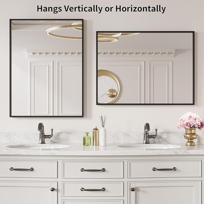 LOAAO 20"X30" Black Rectangle Bathroom Mirror Wall, Matte Black Aluminum Alloy Frame, Tempered Glass, Hangs Vertically or Horizontally, Easy to Install
