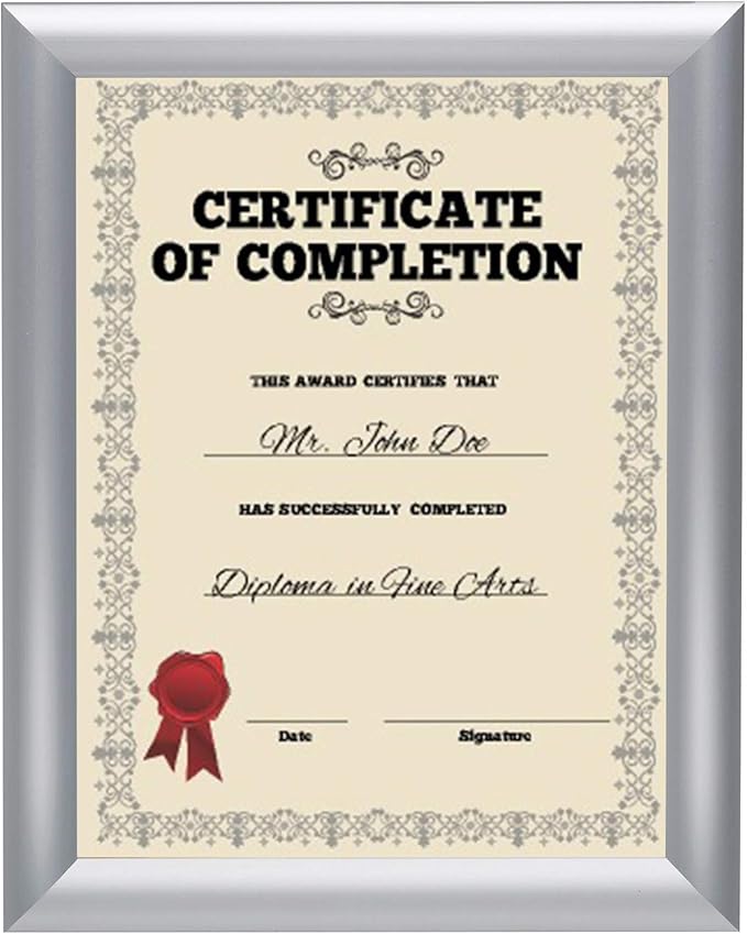 SnapeZo Certificate Frame 8.5x11 Inches, Silver 1 Inch Aluminum Profile, Front-Loading Snap Frame, Wall Mounting, Sleek Series